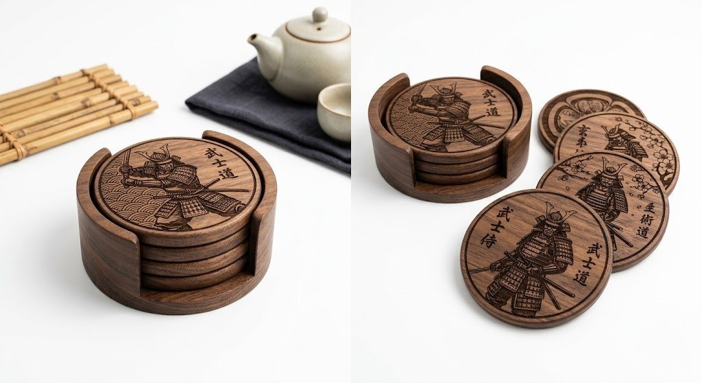 The Bushido Spirit: Hand-Engraved Wooden Coaster Set